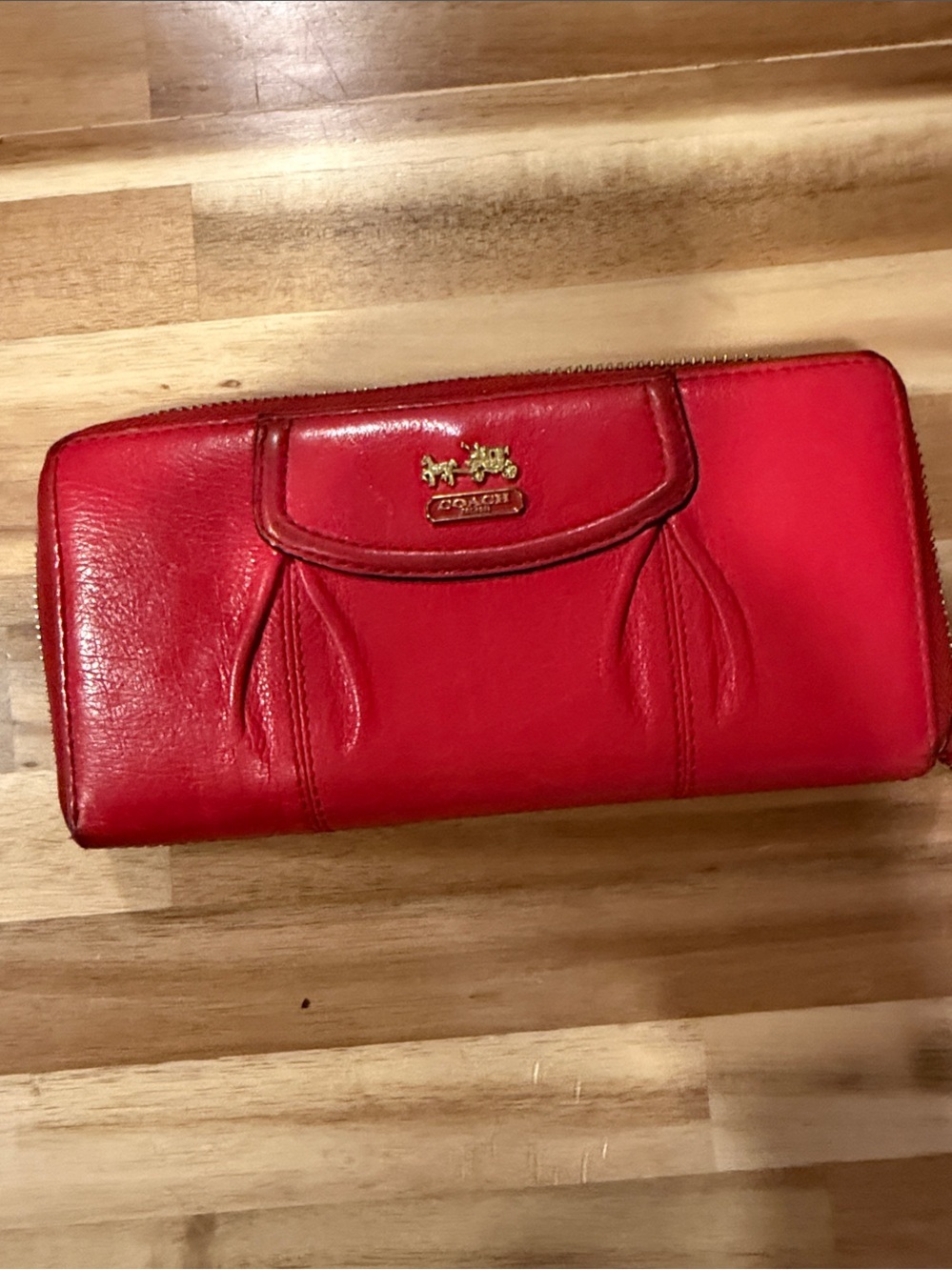 Coach Red Zip-Around Leather Continental Wallet with Gold Logo